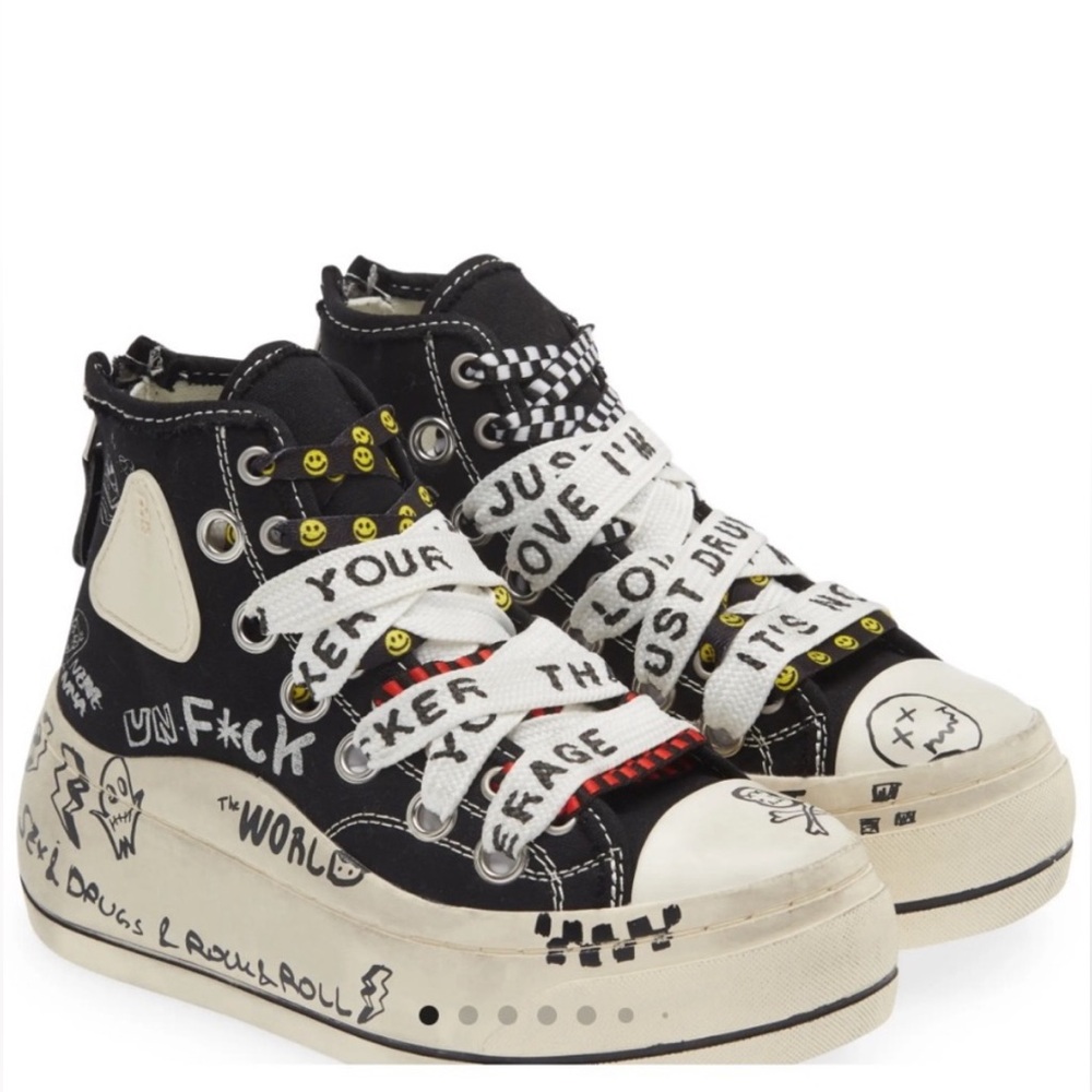 R13 Kurt Double Grommet Graffiti Platform Sneakers